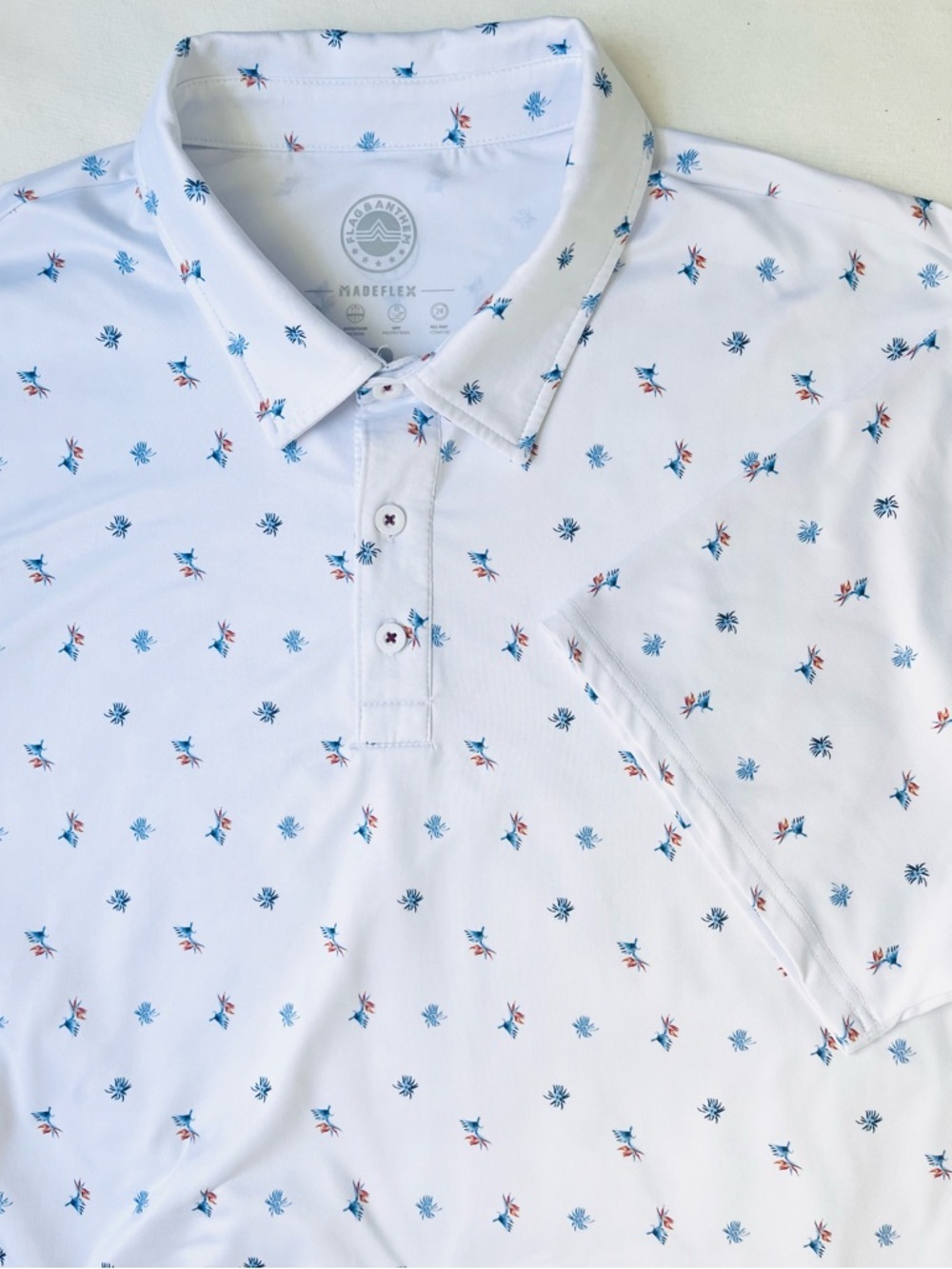 Flag and Anthem Madeflex performance White Men's Polo Shirt Blue Floral Print XL